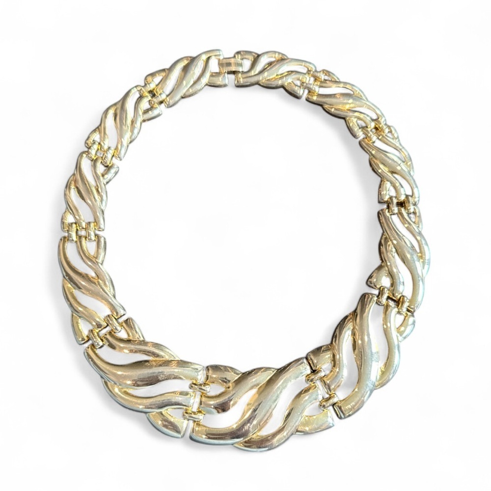 Vintage 80s Gold Tone Link Choker Collar Statement Necklace 15"